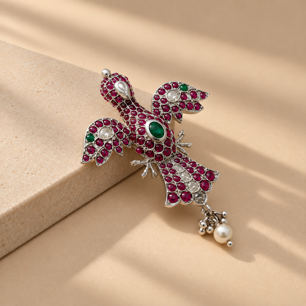 925 Sterling Silver Bird Motif Pendant with Red & Green Moissanite and Pearl Drop | Statement Ethnic Jewelry