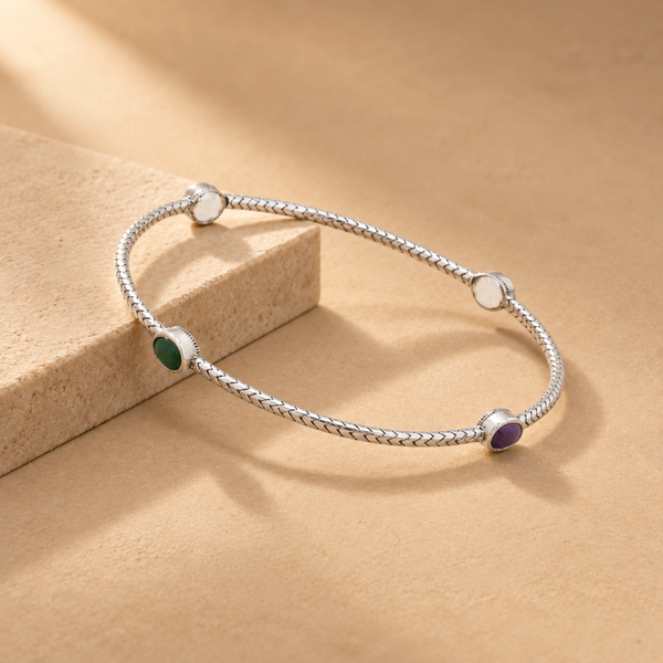 925 Sterling Open Cuff With Multi-Color Gemstone Accents Bangle | Hallmarked Silver Jewelry