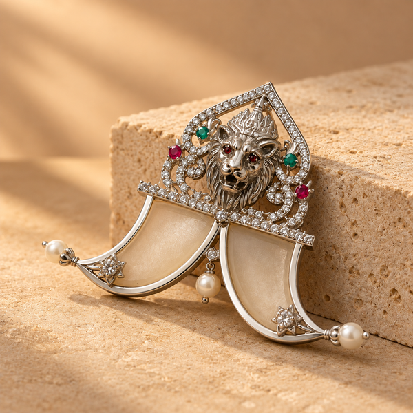 Lion Face Sher Nakh Silver Pendant with Quartz and Pearls Fine Jewelry