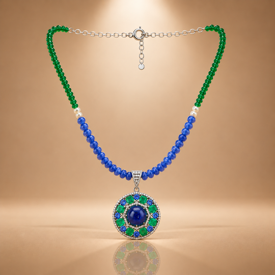 3.65 ct Natural Diamonds with 925 Sterling Silver Blue & Green Beaded Necklace