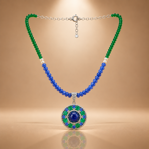 3.65 ct Natural Diamonds with 925 Sterling Silver Blue & Green Beaded Necklace