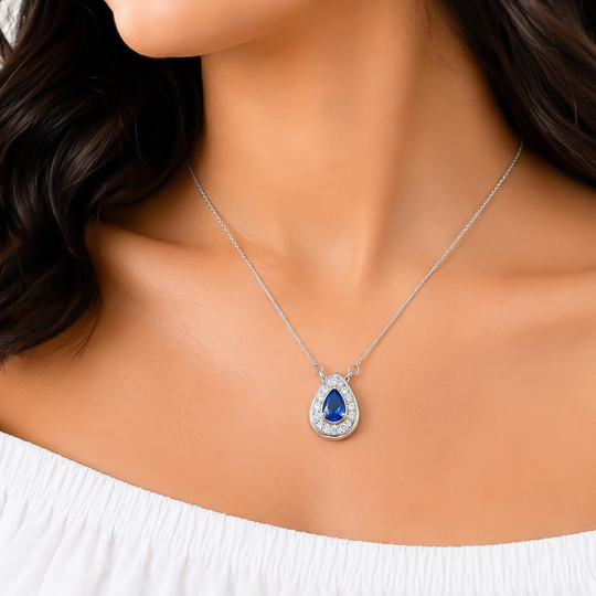 One-of One 92.5 Silver Teardrop Blue Simulant Sapphire Pendant Necklace