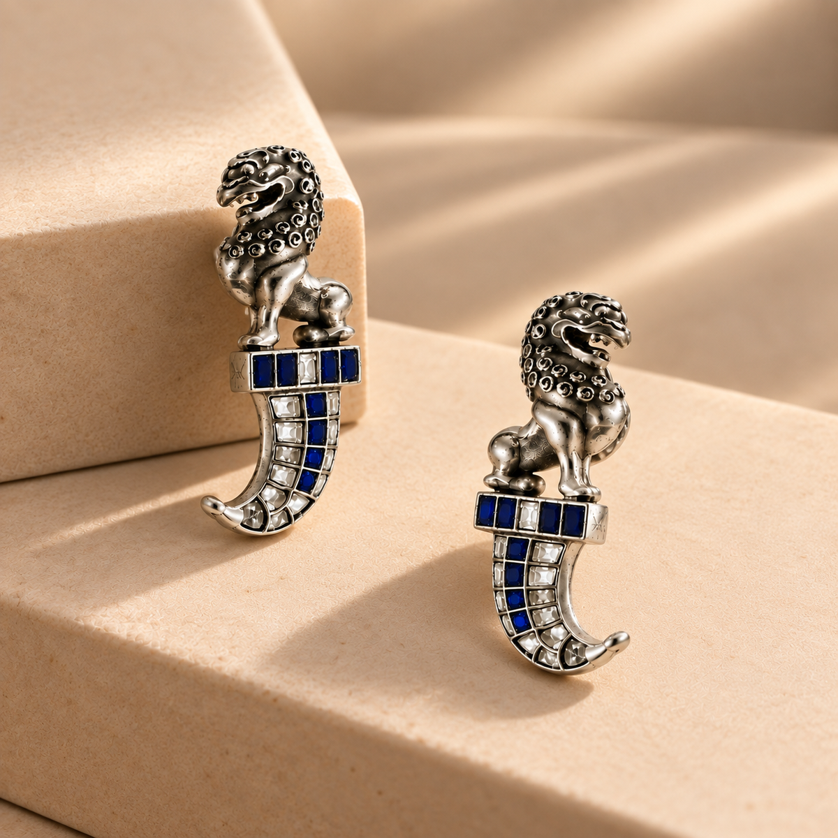 925 Sterling Silver Lion Hoop Earrings with Blue & White Moissanite and Polki | Statement Ethnic Jewelry