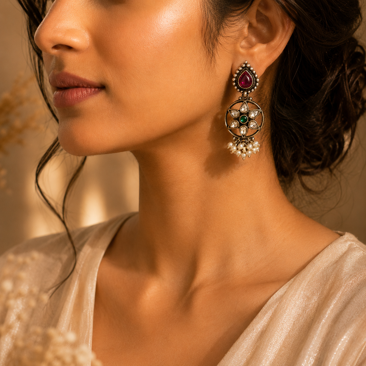925 Sterling Silver Multicolor Drop Earrings with Red Pear & Green Round Stones, Polki Inspired Statement Jewelry