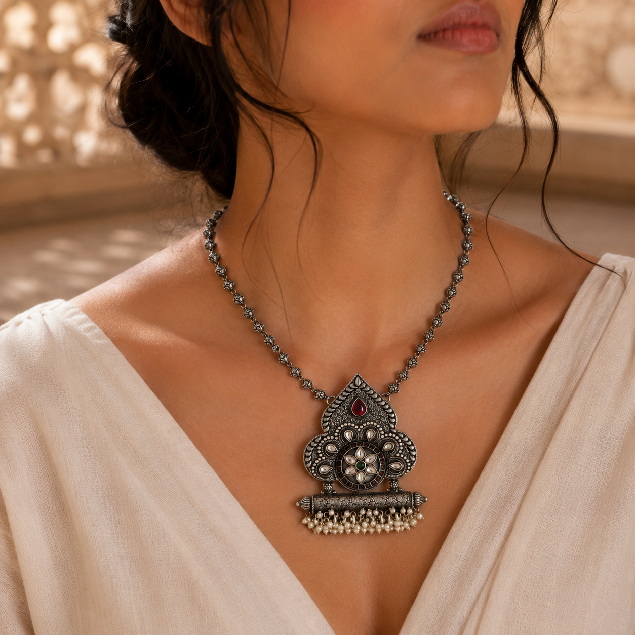 Floral 25 Sterling Silver Oxidized Paisley Pendant Necklace | Multicolour Stone & Pearl Fringe Indian Jewellery