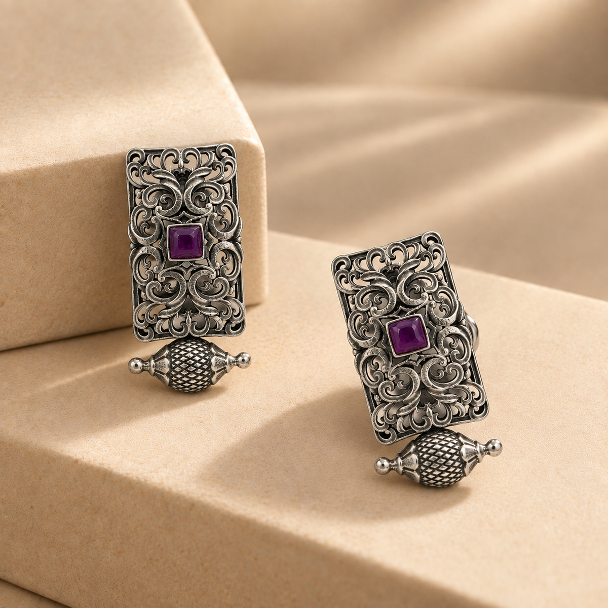 925 Sterling Silver Purple Stone Filigree Drop Earrings