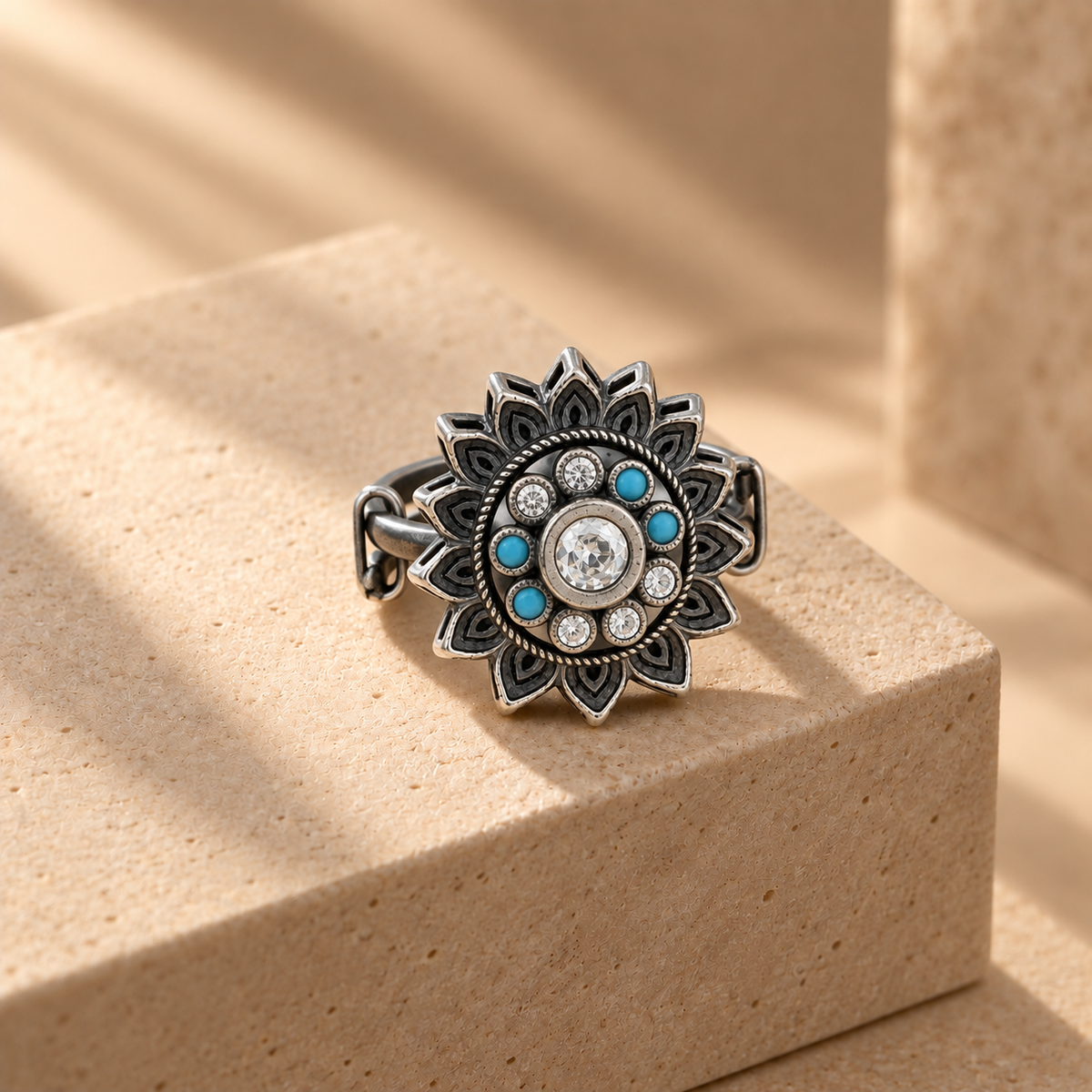 925 Sterling Silver Flower Ring With Turquoise Stones