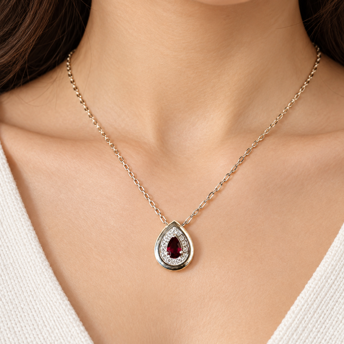 16 Inch 925 Sterling Silver Garnet-Red Quartz & Moissanite Chain Pendant