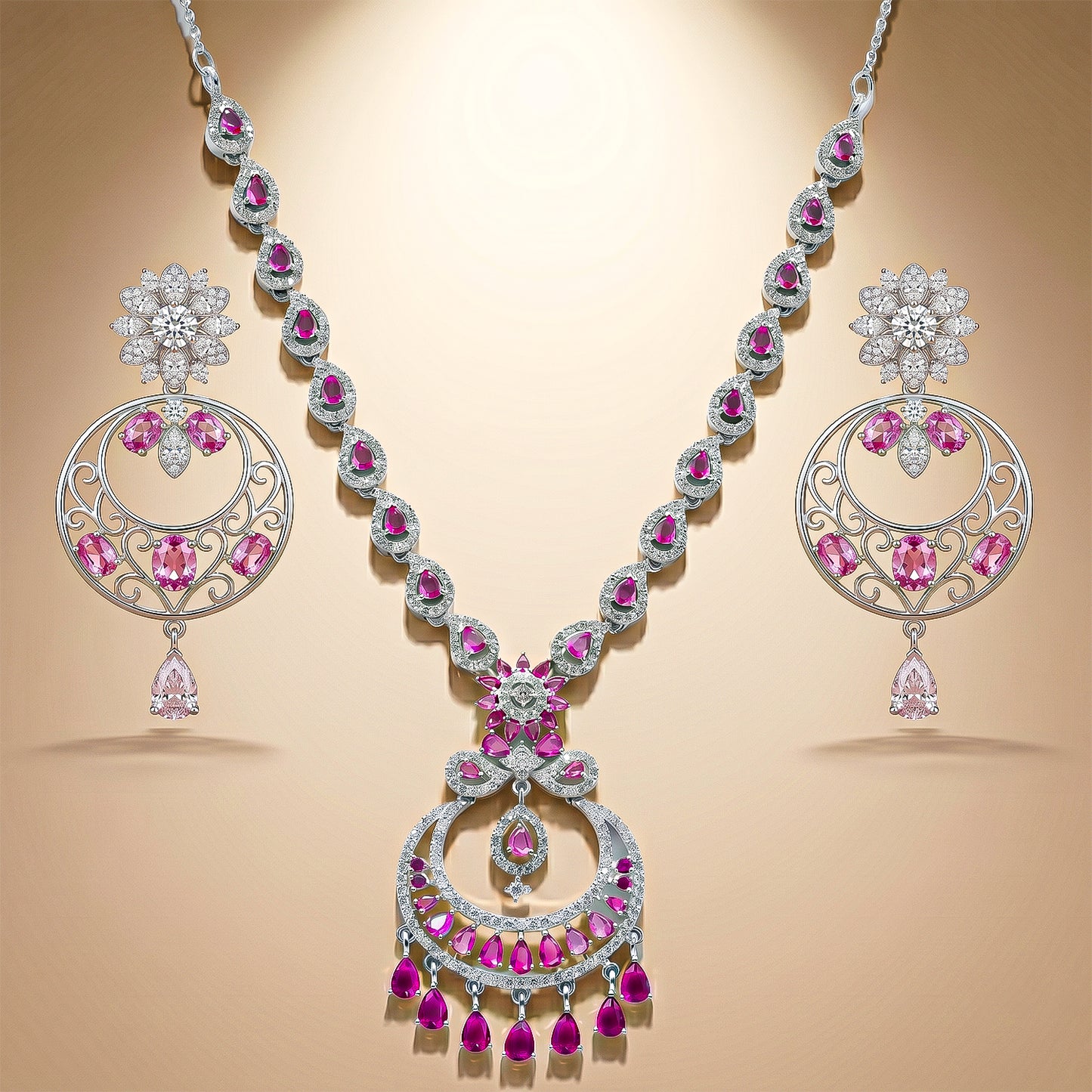 92.5 Sterling Silver Floral Drop Motif Necklace Set