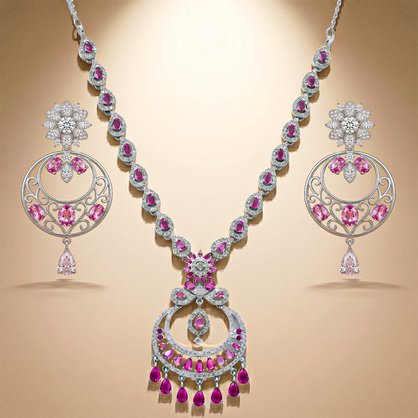 92.5 Sterling Silver Floral Drop Motif Necklace Set