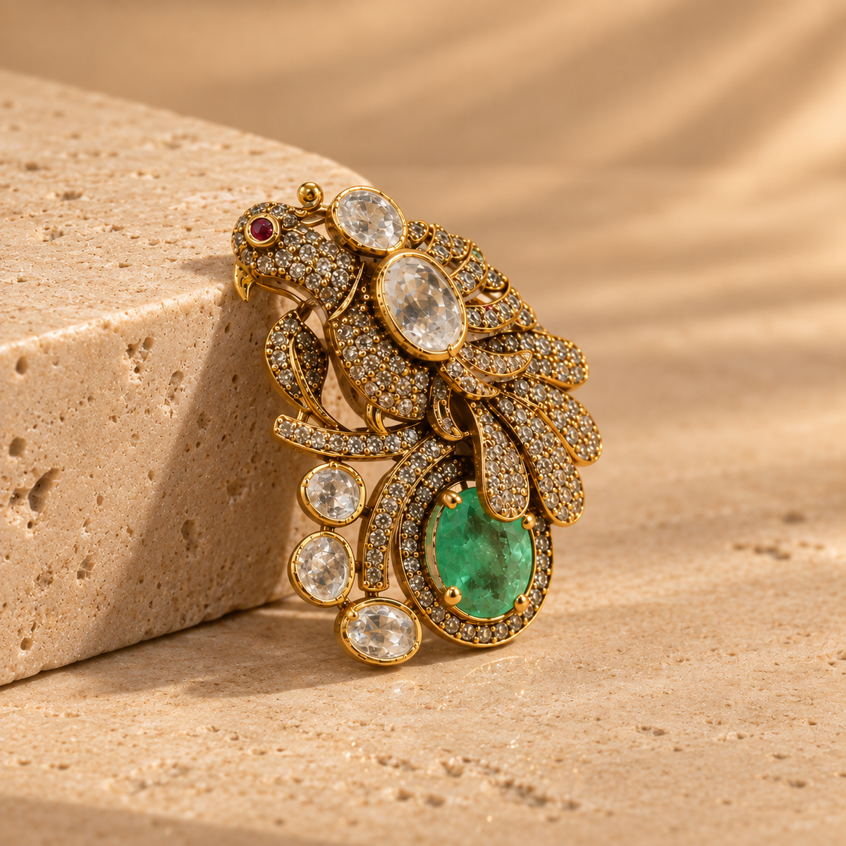 Luxury Bird Brooch with Green Quartz and Moissanite Crystal Jewels Gift for Men