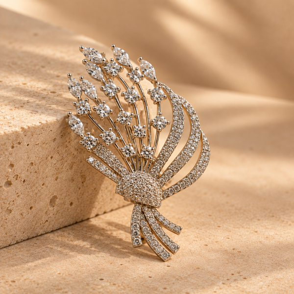 Floral Bouquet Sparkling Leaf & Flower Statement Brooch 925 Silver Jewellery