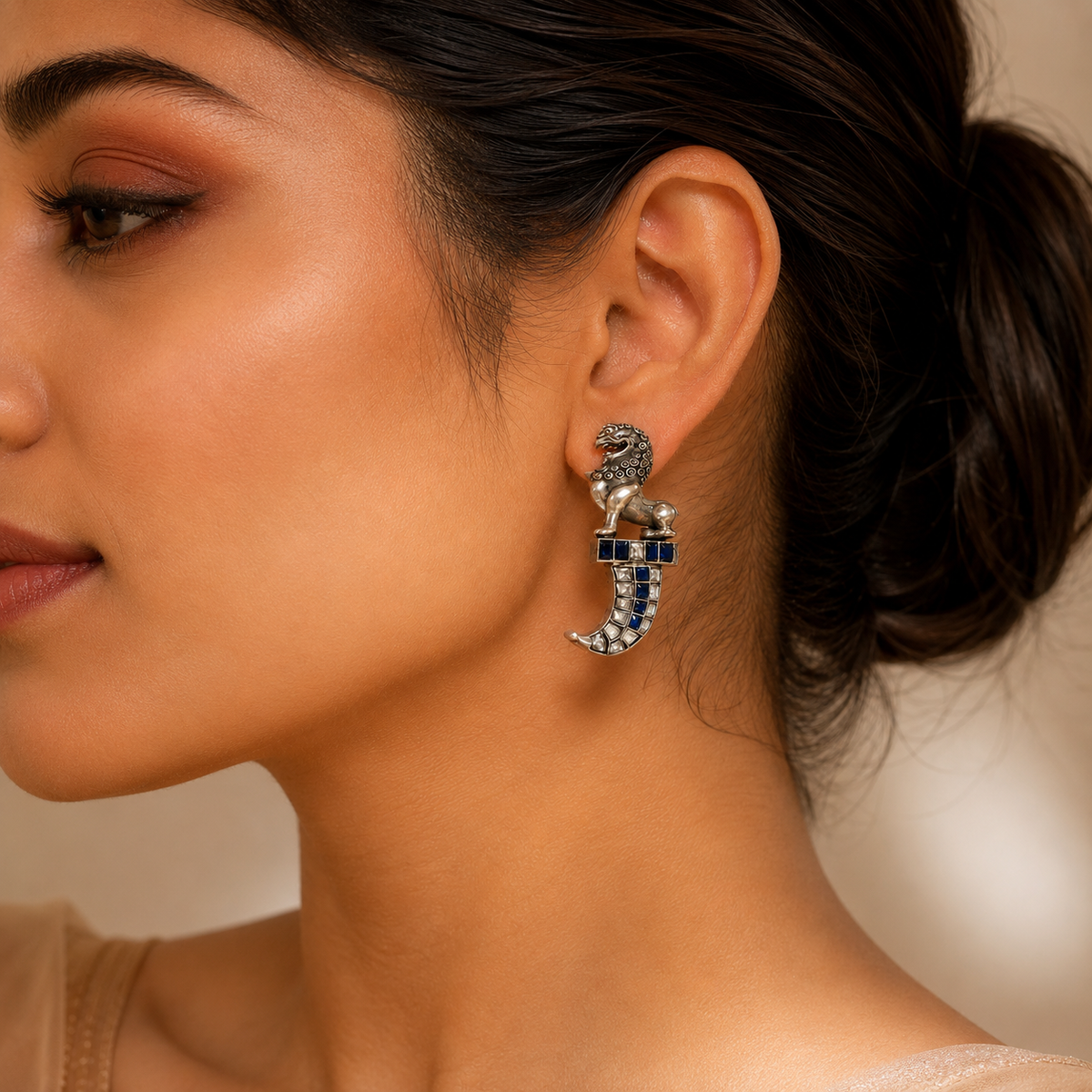 925 Sterling Silver Lion Hoop Earrings with Blue & White Moissanite and Polki | Statement Ethnic Jewelry