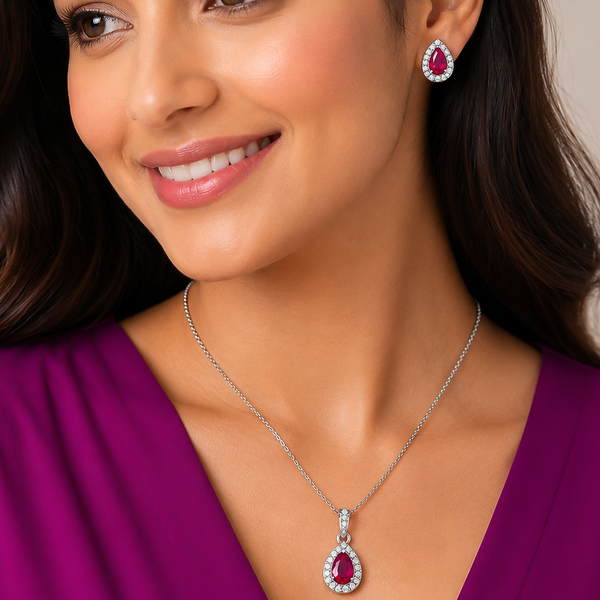 Ruby Dewdrop - 92.5 Silver Pendant Set
