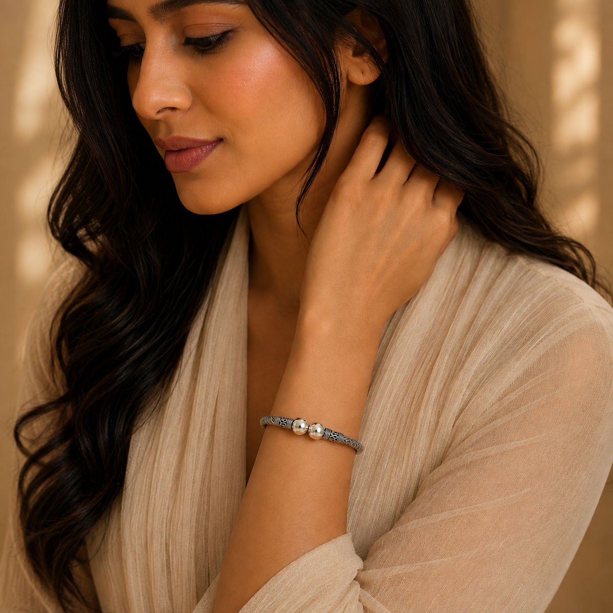 925 Sterling Silver Oxidized Bangle | Twisted Rope Design with Silver Bead | Hallmarked