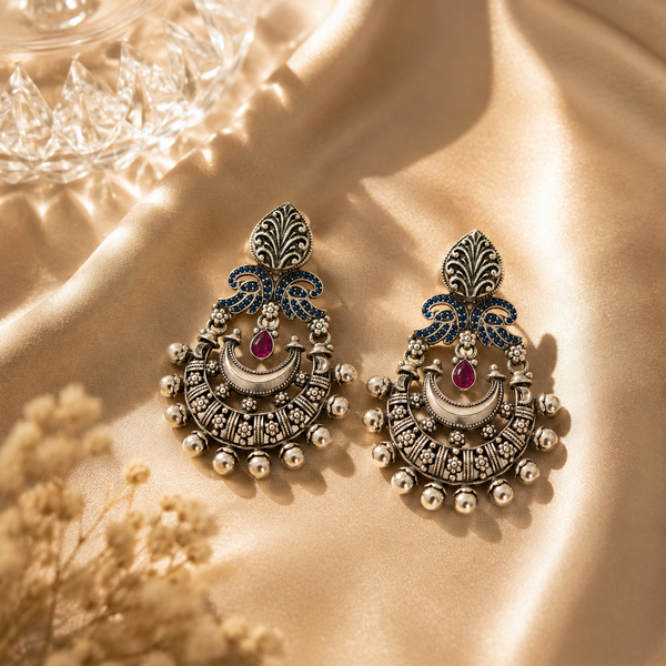 925 Sterling Silver Oxidized Chandbali Earrings with Blue & Red Stones | Traditional Indian Statement Jewelry