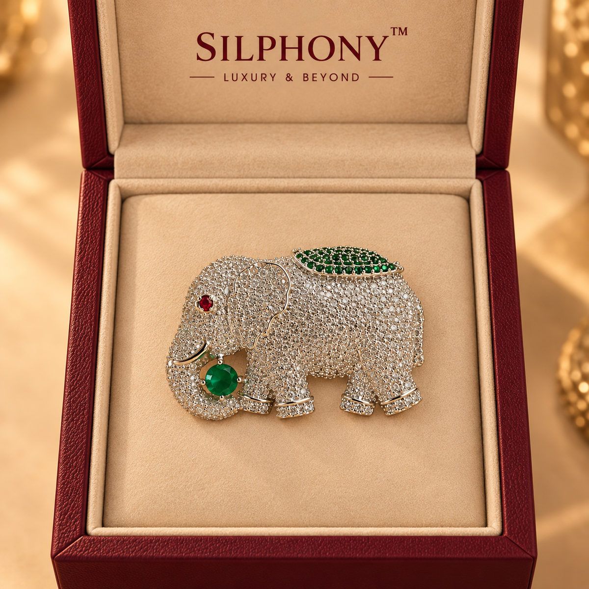 Luxury Elephant Brooch Pin for Men, Crystal Rhinestone Green Quartz Jewelry Gift