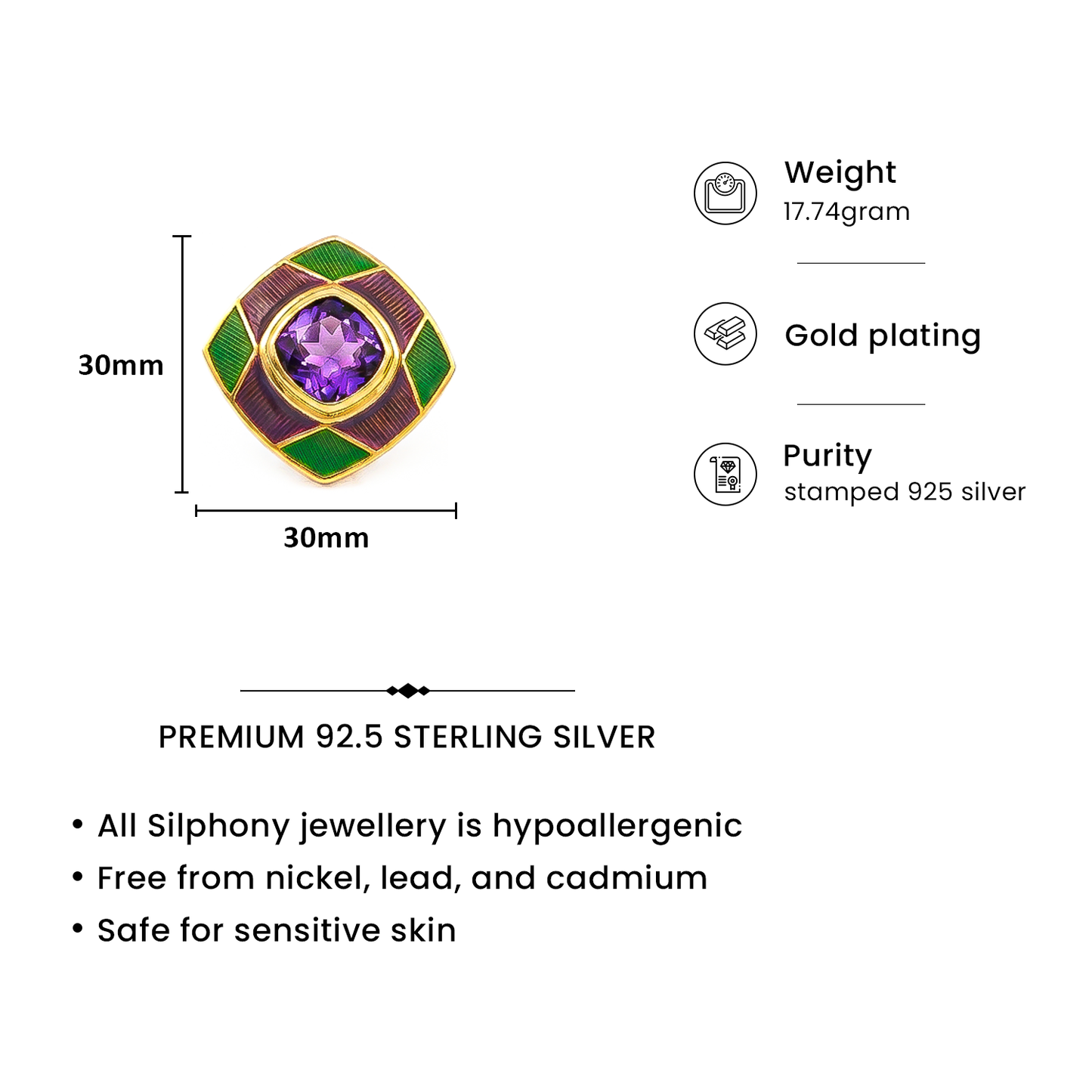One-of-One 92.5 Silver Amethyst Enamel Square Stud Earrings