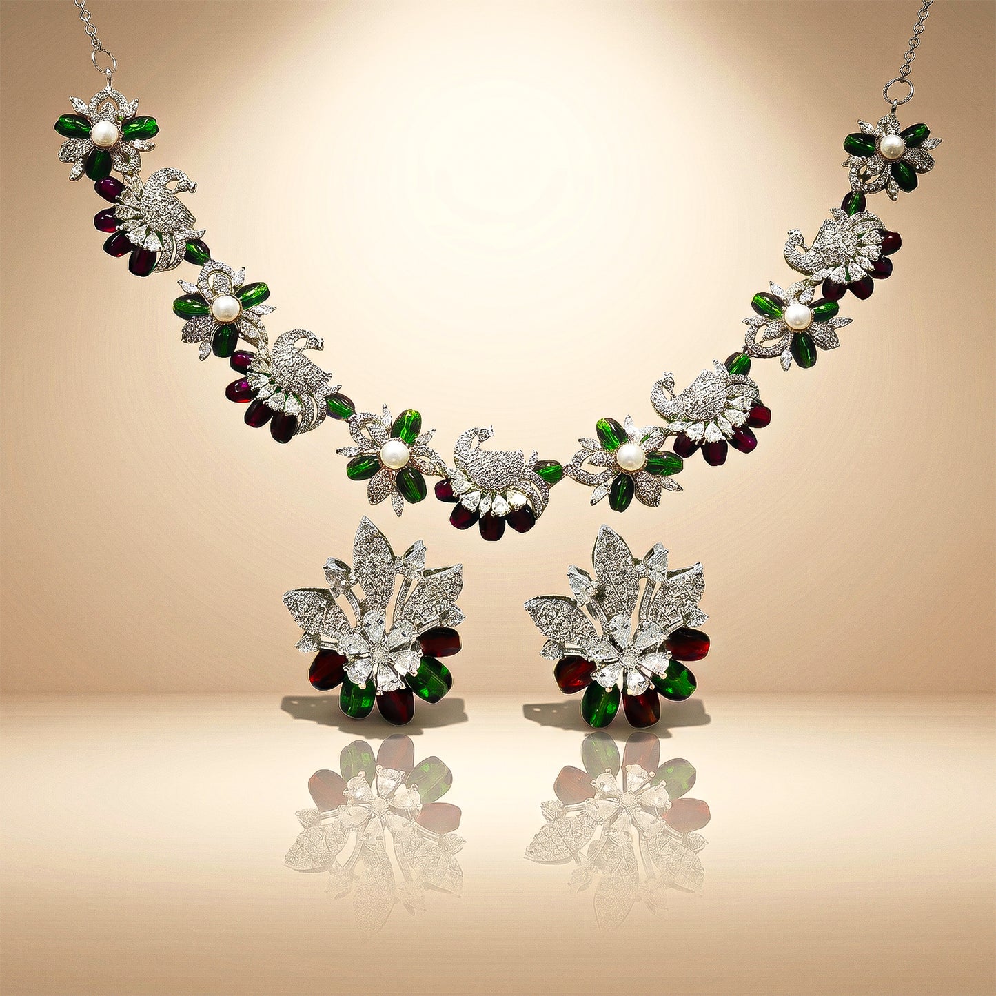 One-of-One 92.5 Silver Emerald Ruby Floral Necklace Set