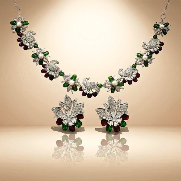 One-of-One 92.5 Silver Emerald Ruby Floral Necklace Set
