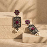 Oxidized 925 Silver Pink Stone Pearl Drop Earrings