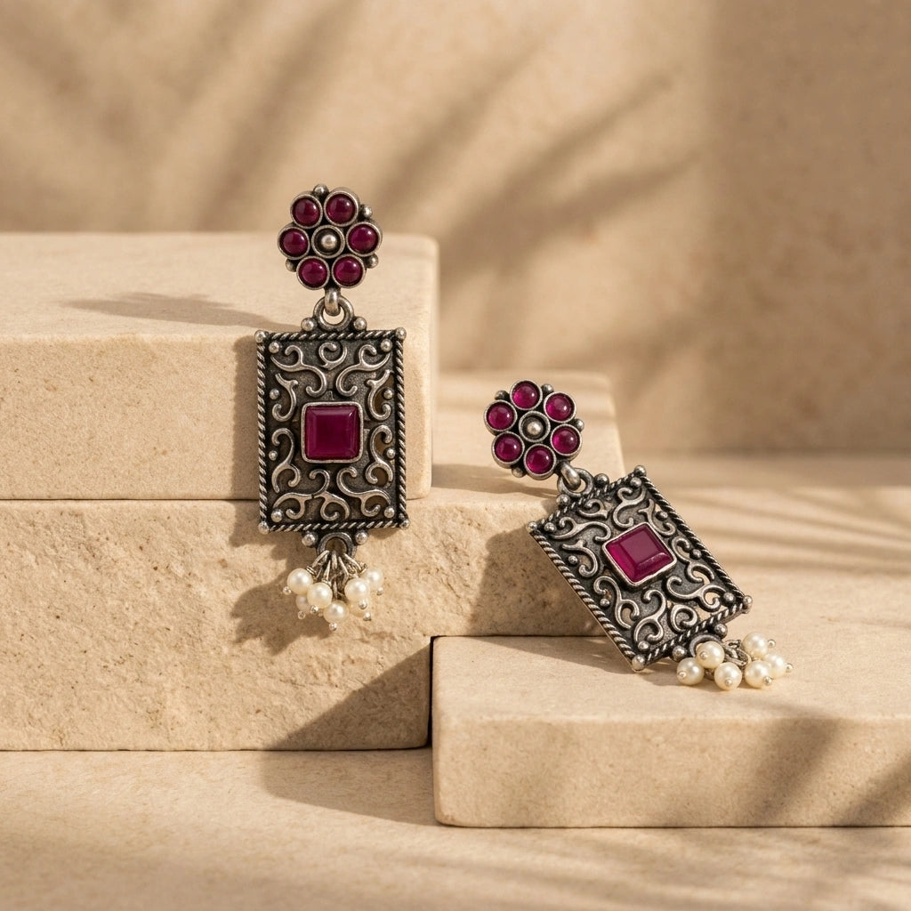 Oxidized 925 Silver Pink Stone Pearl Drop Earrings