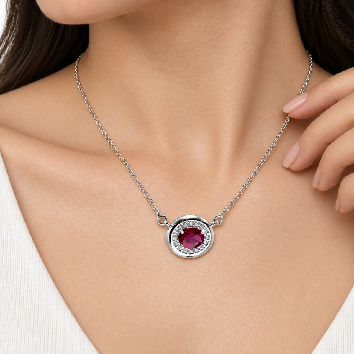 18 Inch 925 Sterling Silver Red Quartz & Moissanite Chain Pendant