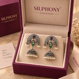 925 Silver Green Stone Pearl Jhumka Earrings