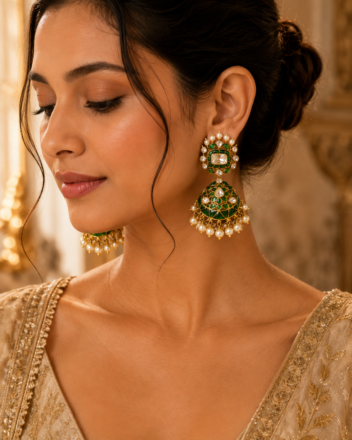 925 Sterling Silver Green Enamel, Polki & Moissanite Statement Jhumka Earrings