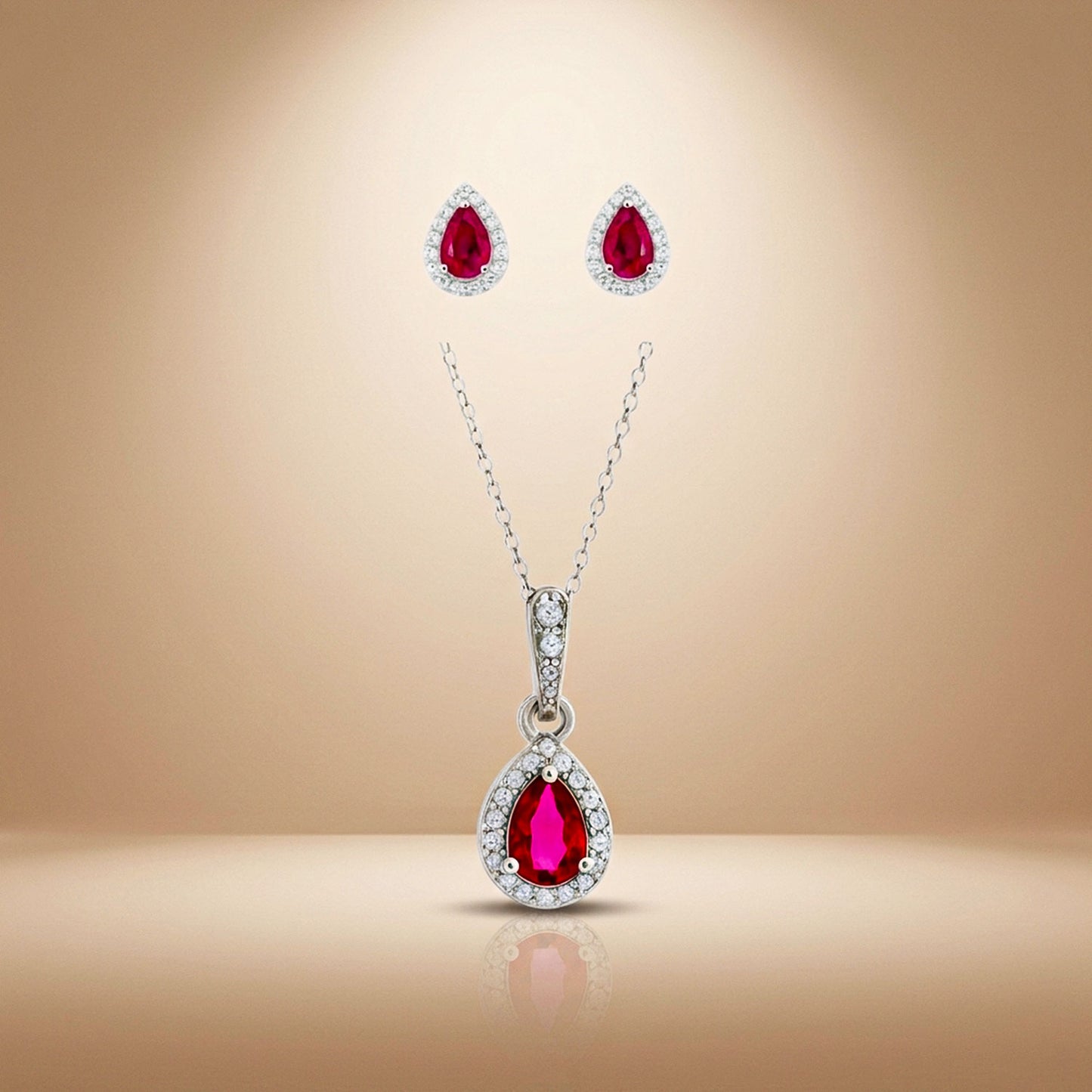 Ruby Dewdrop - 92.5 Silver Pendant Set