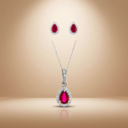 Ruby Dewdrop - 92.5 Silver Pendant Set