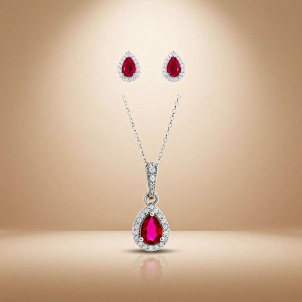 Ruby Dewdrop - 92.5 Silver Pendant Set