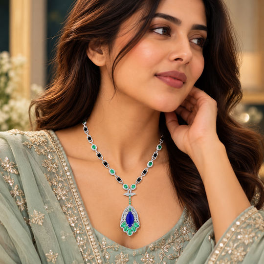3.8 Ct Natural Diamond & 925 Silver Tanzanite Necklace