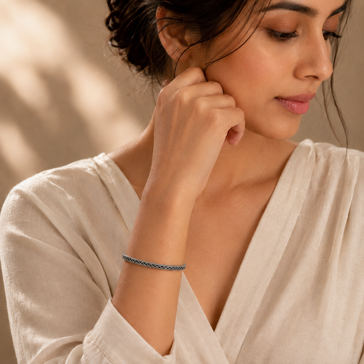 925 Sterling Oxidized Wave Rope Kada Bangle For Women