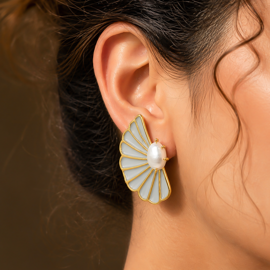 Pearl Wing Petal Enamel Stud Earrings (On Pre Order)