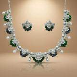 925 Silver Emerald Green Pearl Floral Necklace Set