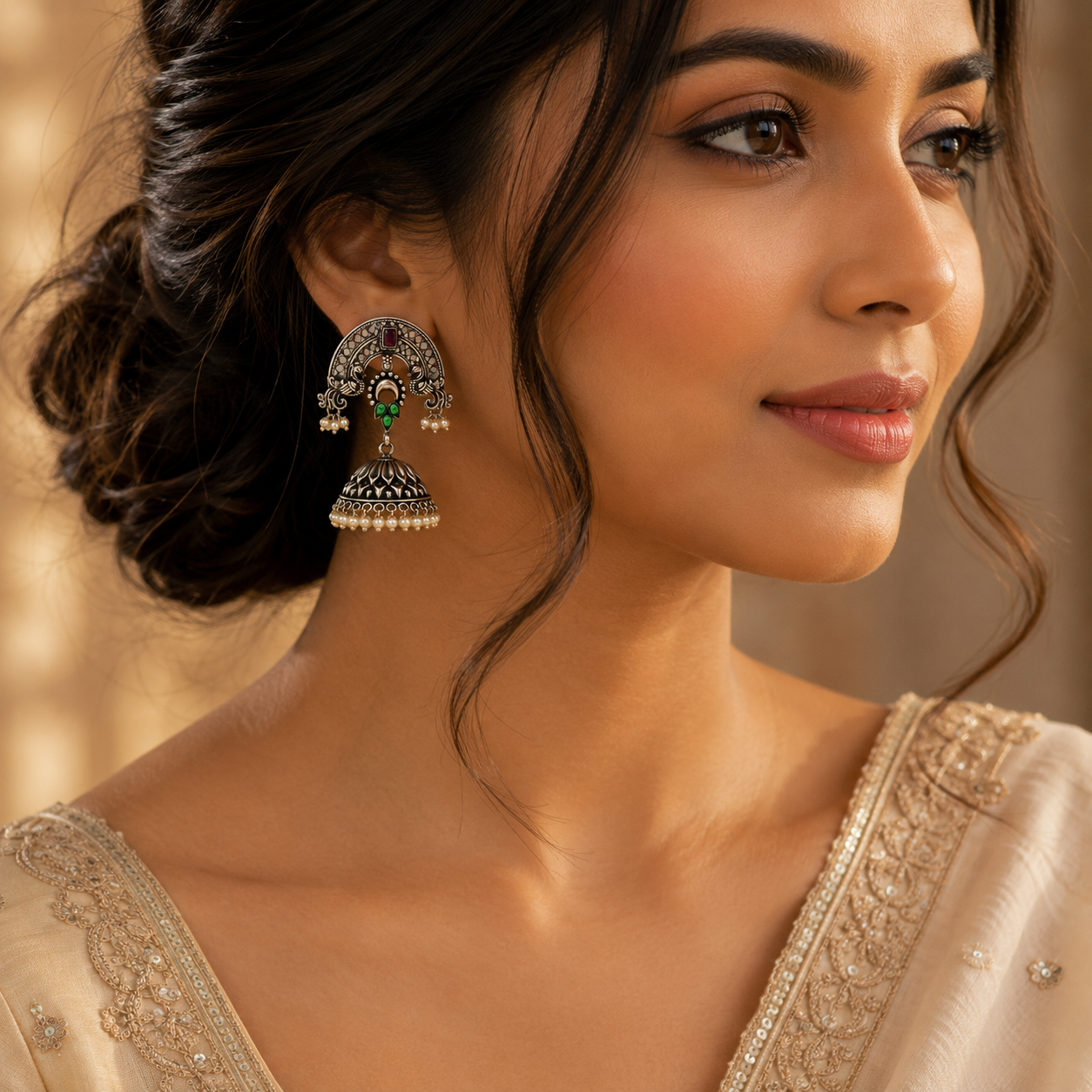 925 Sterling Silver Temple Jhumka Earrings With Enamel, Red Stone & Pearls