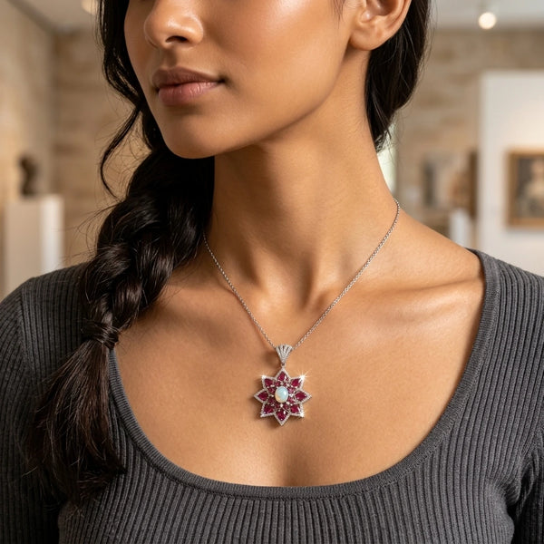 1.54 Ct Natural Diamonds with 925 Sterling Silver and Tourmaline & Opal Floral Pendant