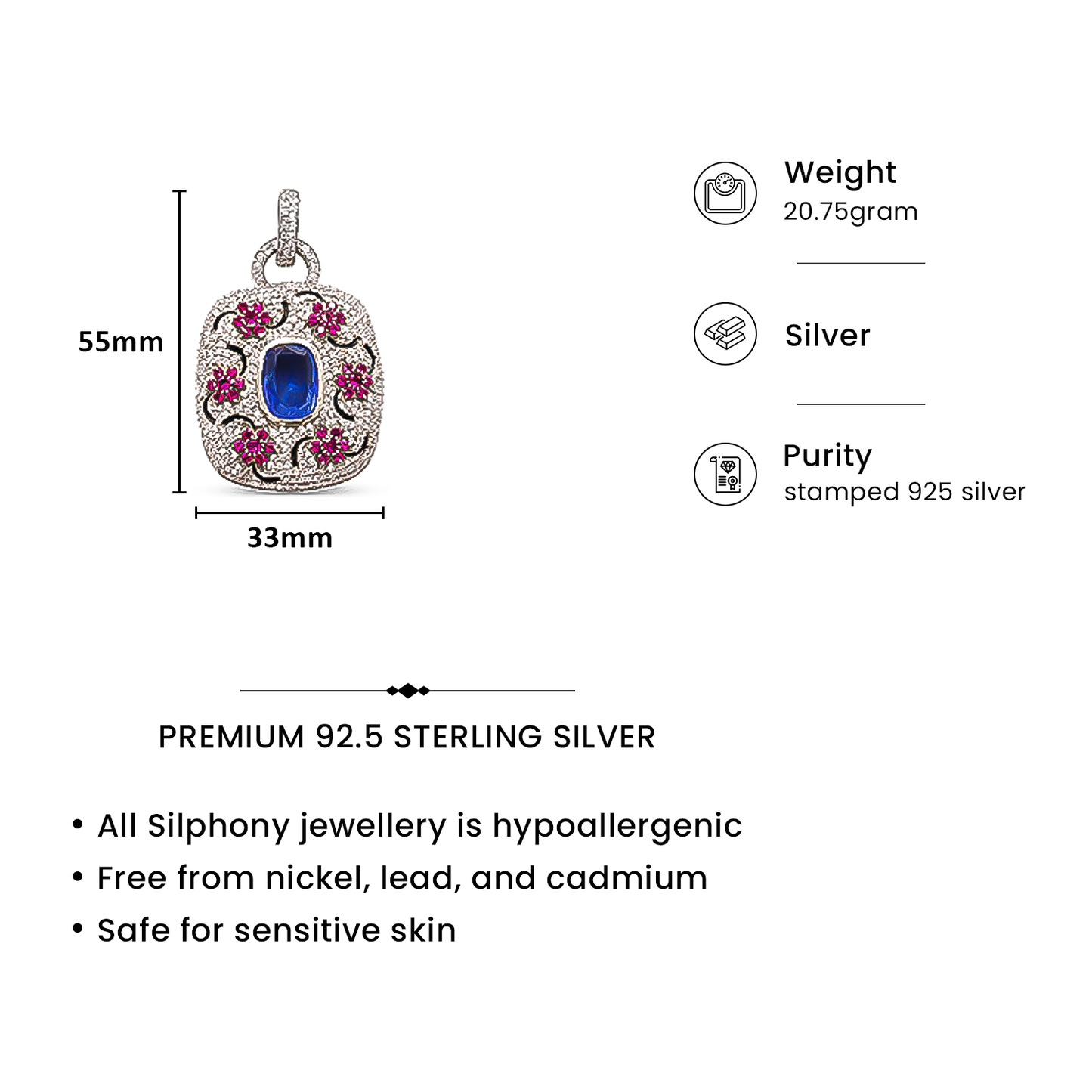 One-of-One 92.5 Silver Blue Stone Floral Motif Pendant Necklace