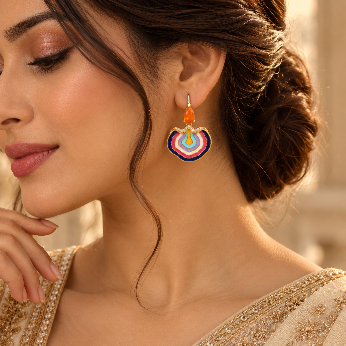Multicolor Enamel Drop Earrings with Orange Quartz