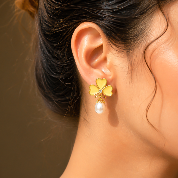 Yellow Clover Pearl Drop Earrings