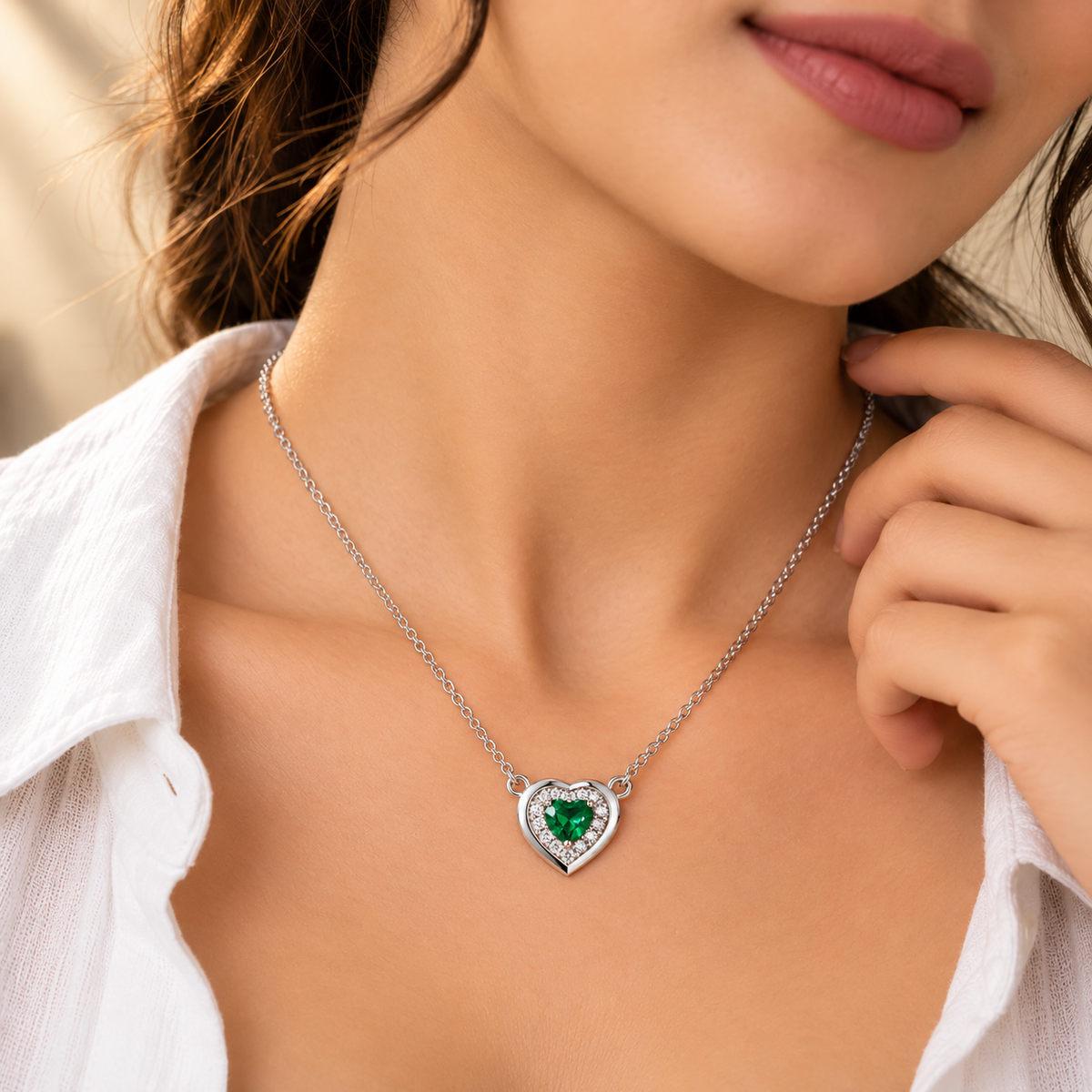 Heart Green Quartz Moissanite Halo Pendant Chain