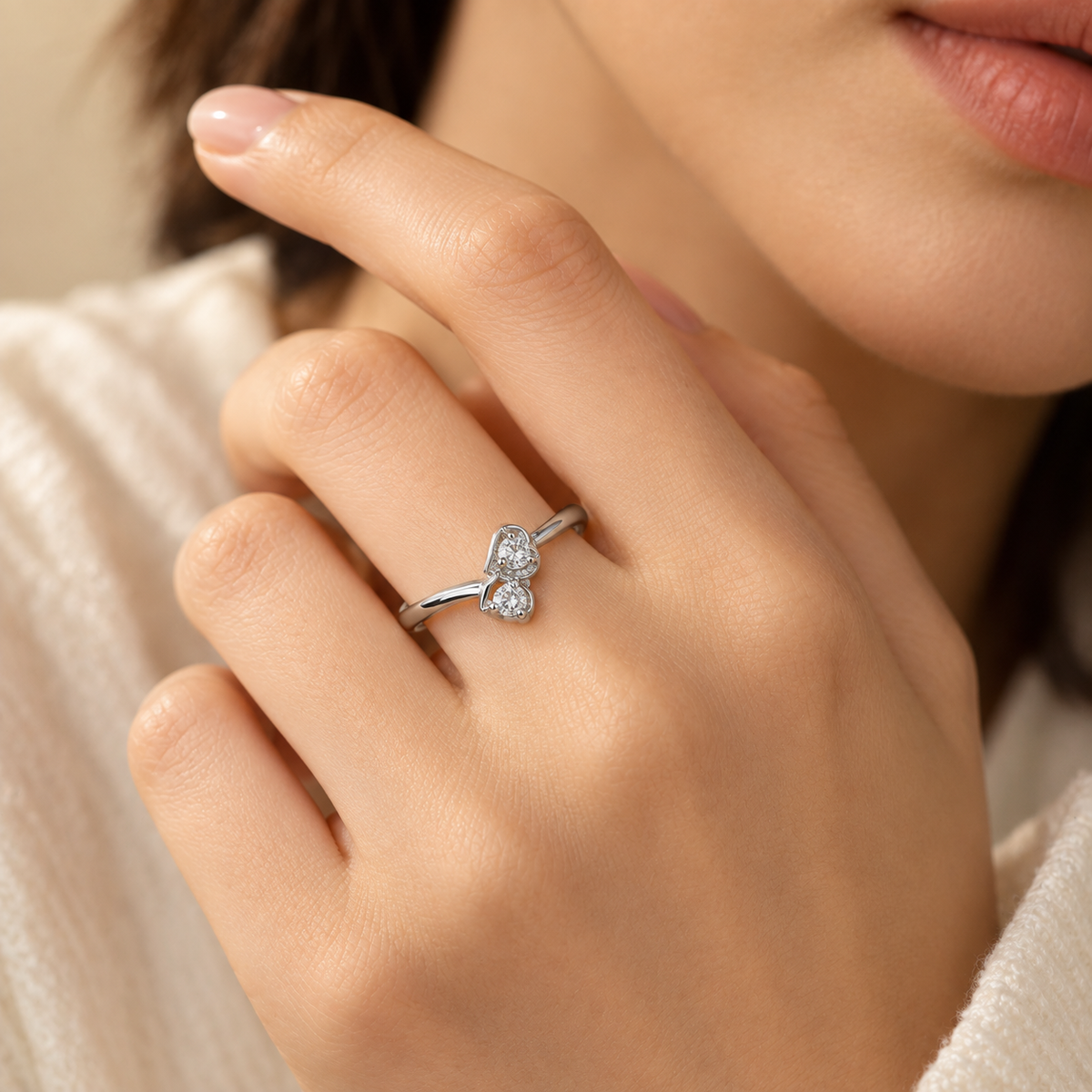 925 Sterling Silver Moissanite Double-Stone Bow Ring