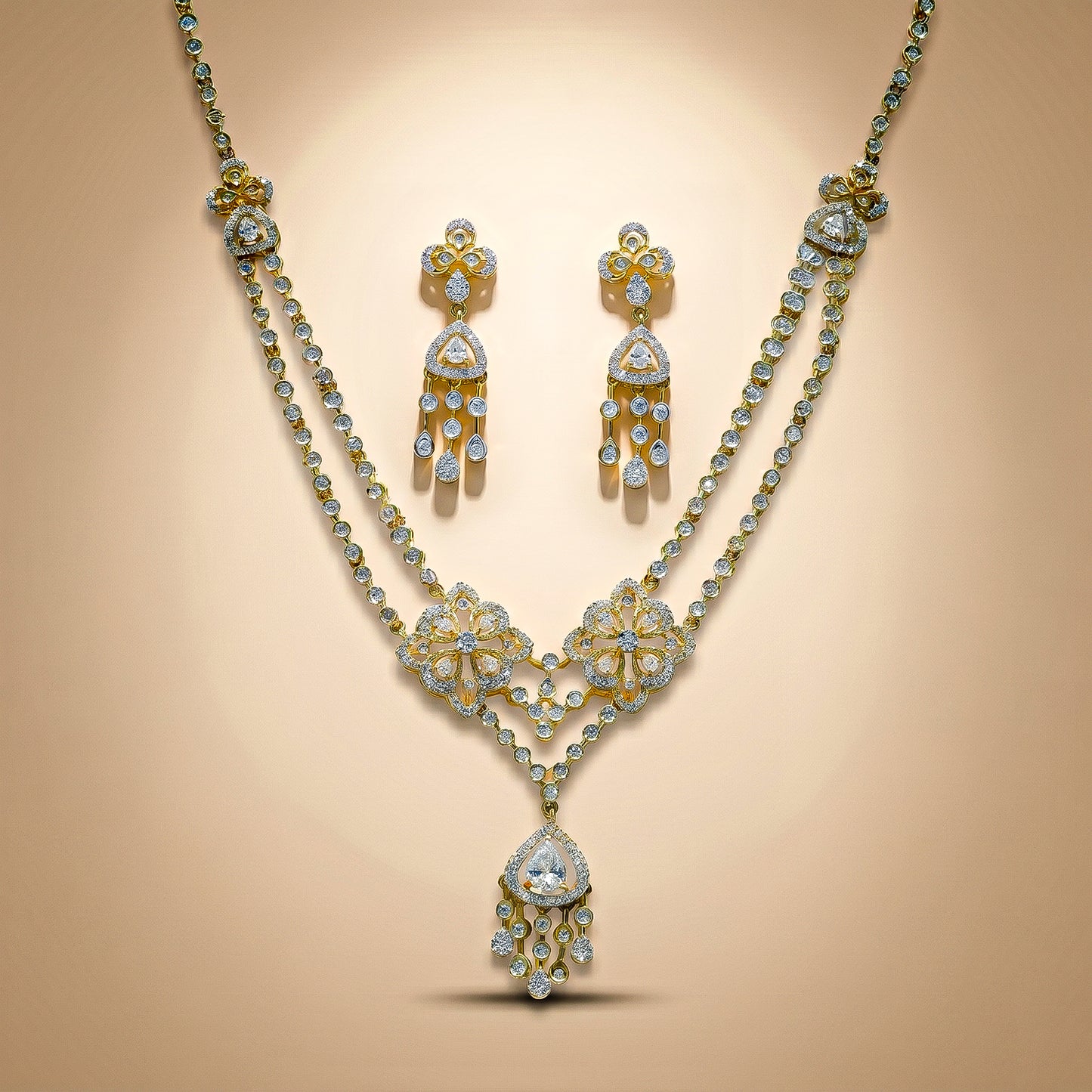 92.5 Sterling Silver Floral Necklace Set with Dual Motifs and Drop Pendant