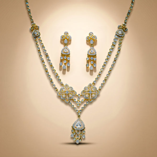 92.5 Sterling Silver Floral Necklace Set with Dual Motifs and Drop Pendant