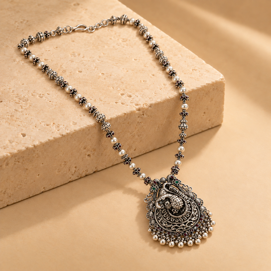 Peacock-Inspired 925 Sterling Silver Moissanite & Quartz Statement Pendant Necklace | Hallmerked