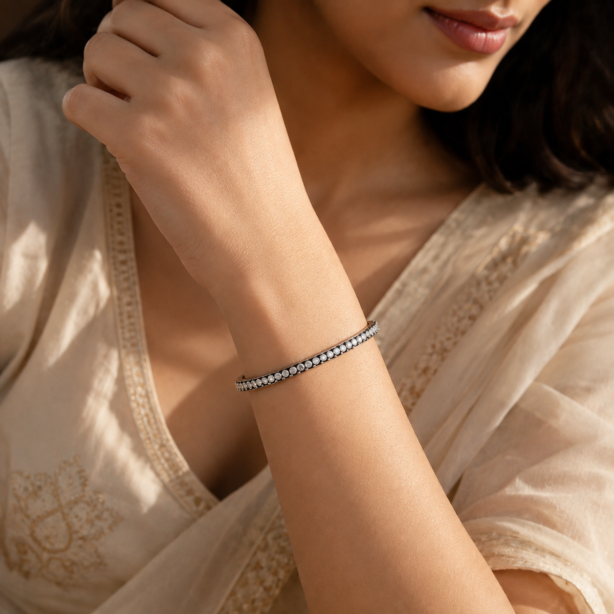 Double-Row 925 Sterling Silver with White Stone Bangle For Women | Hallmarked