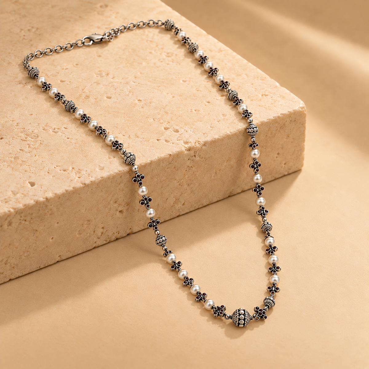 Pearl & Quartz Beaded Floral Link Chain | 925 Hallmarked Silver