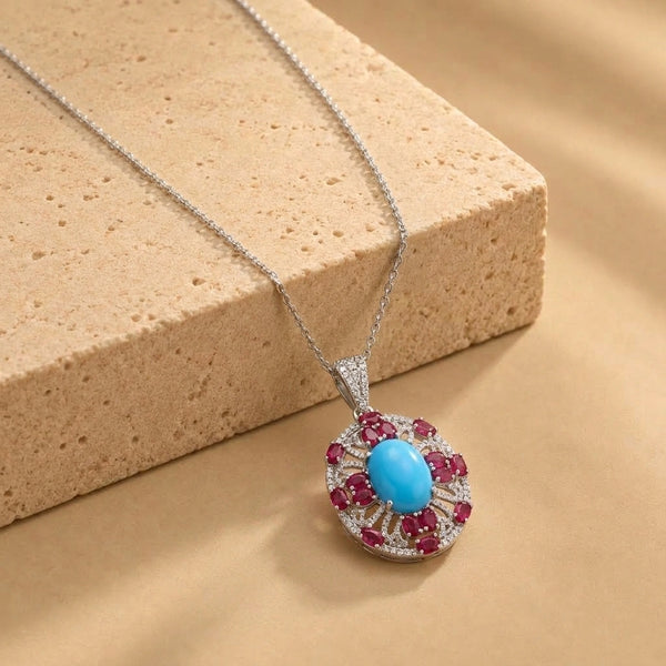 0.55 ct Natural Diamonds with 925 Sterling Silver Turquoise & Ruby Pendant