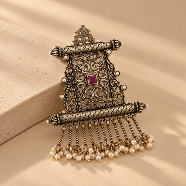 925 Sterling Silver Oxidized Statement Pendant with Red Square Stone & Pearl Dangles | Traditional Indian Jewelry